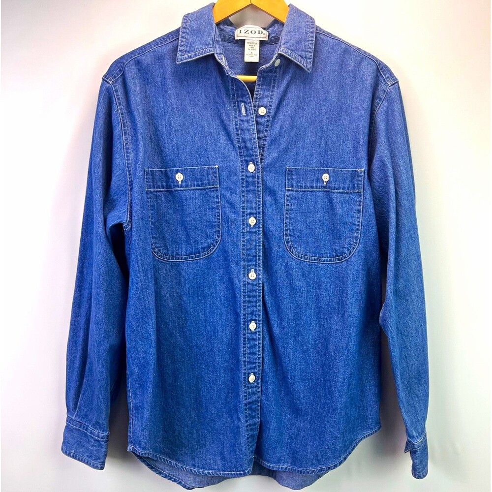 Vintage IZOD Women’s Size 6 Blue Denim Button Down Shirt 100% Cotton 90s Y2K